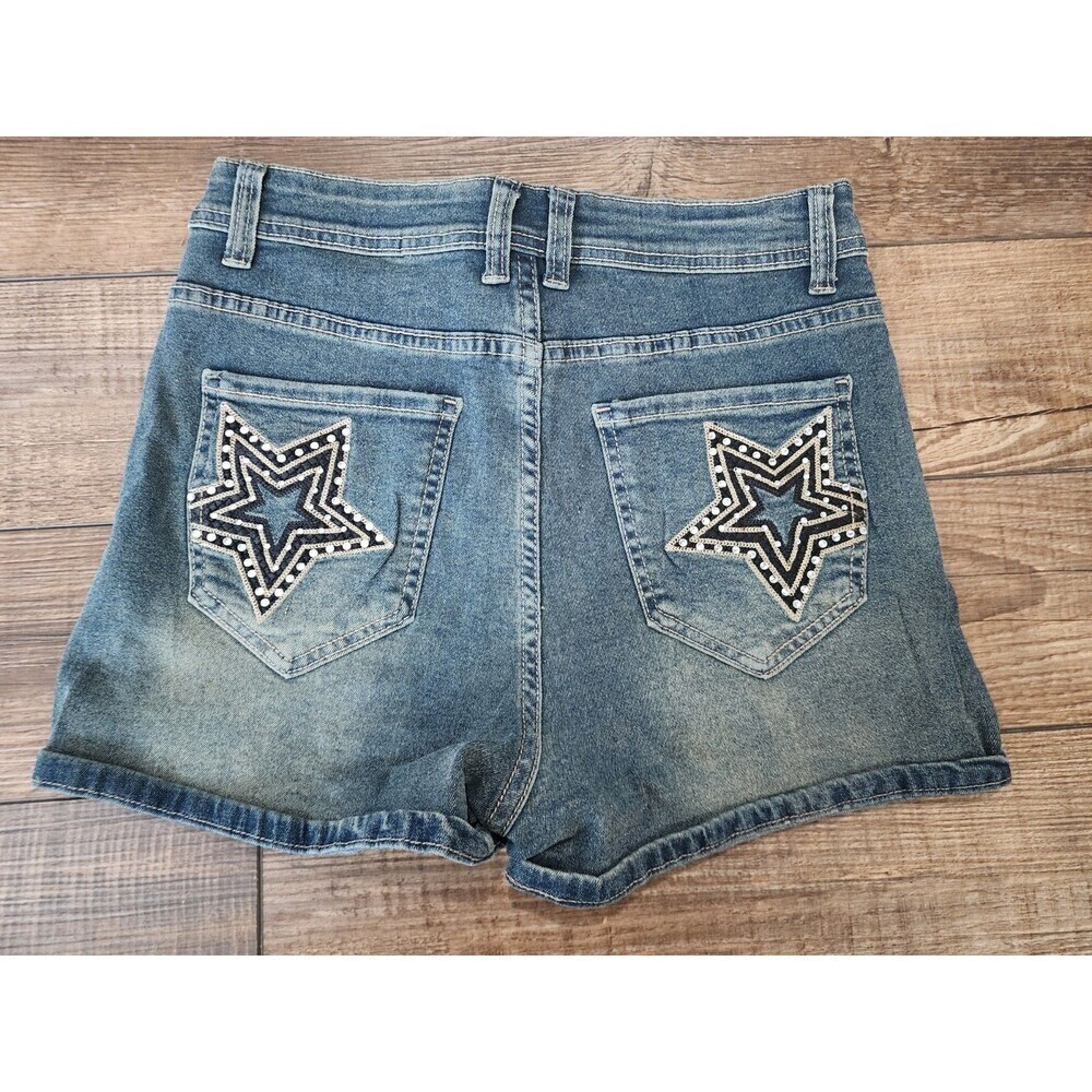 Romwe Star with Rhinestones Graphic Pockets Denim Shorts Womens 4 SMALL